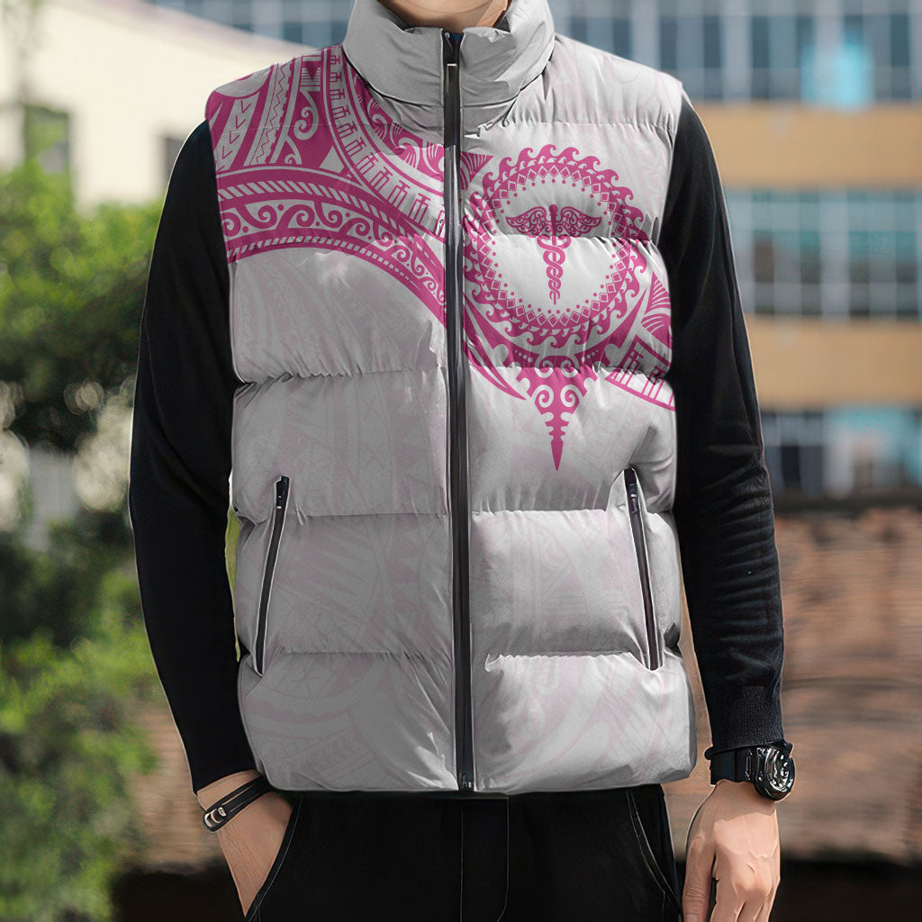 Personalised New Zealand Aotearoa Sleeveless Puffer Jacket Nurse Tribal Pink Version