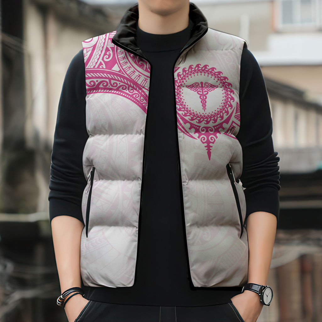 Personalised New Zealand Aotearoa Sleeveless Puffer Jacket Nurse Tribal Pink Version