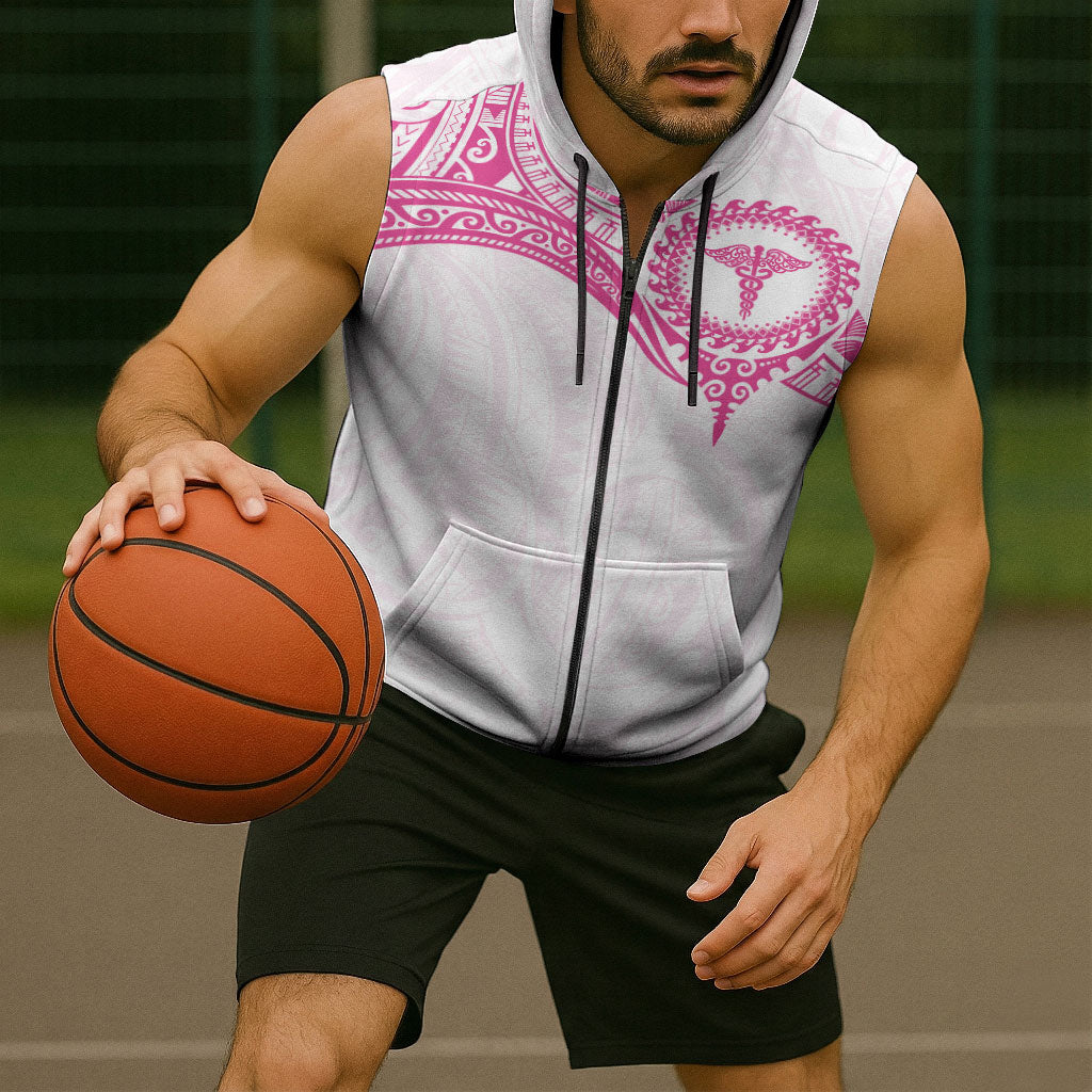 Personalised New Zealand Aotearoa Sleeveless Zip Hoodie Nurse Tribal Pink Version