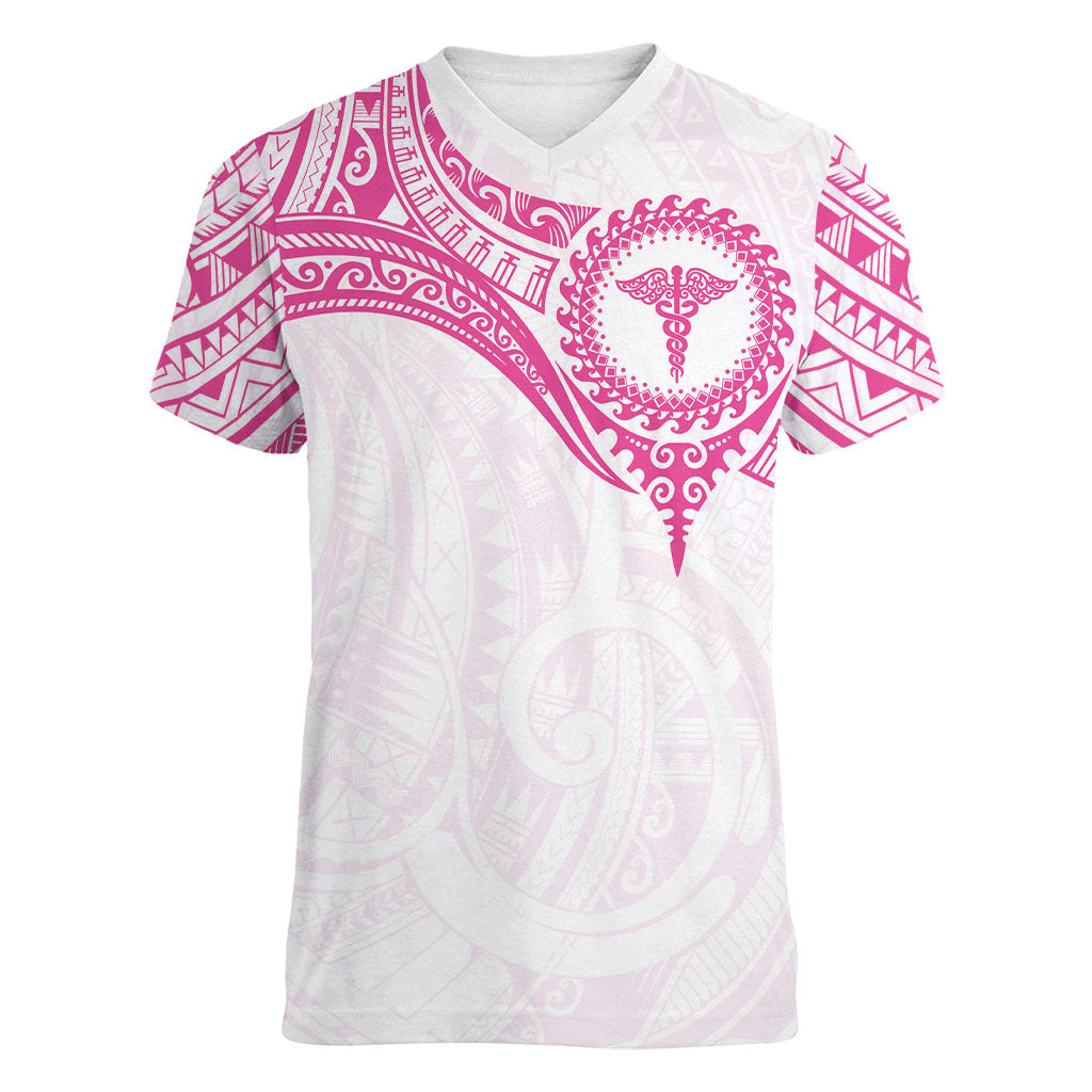Personalised New Zealand Aotearoa Women V-Neck T-Shirt Nurse Tribal Pink Version