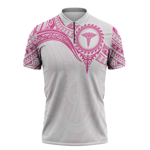 Personalised New Zealand Aotearoa Zipper Polo Shirt Nurse Tribal Pink Version