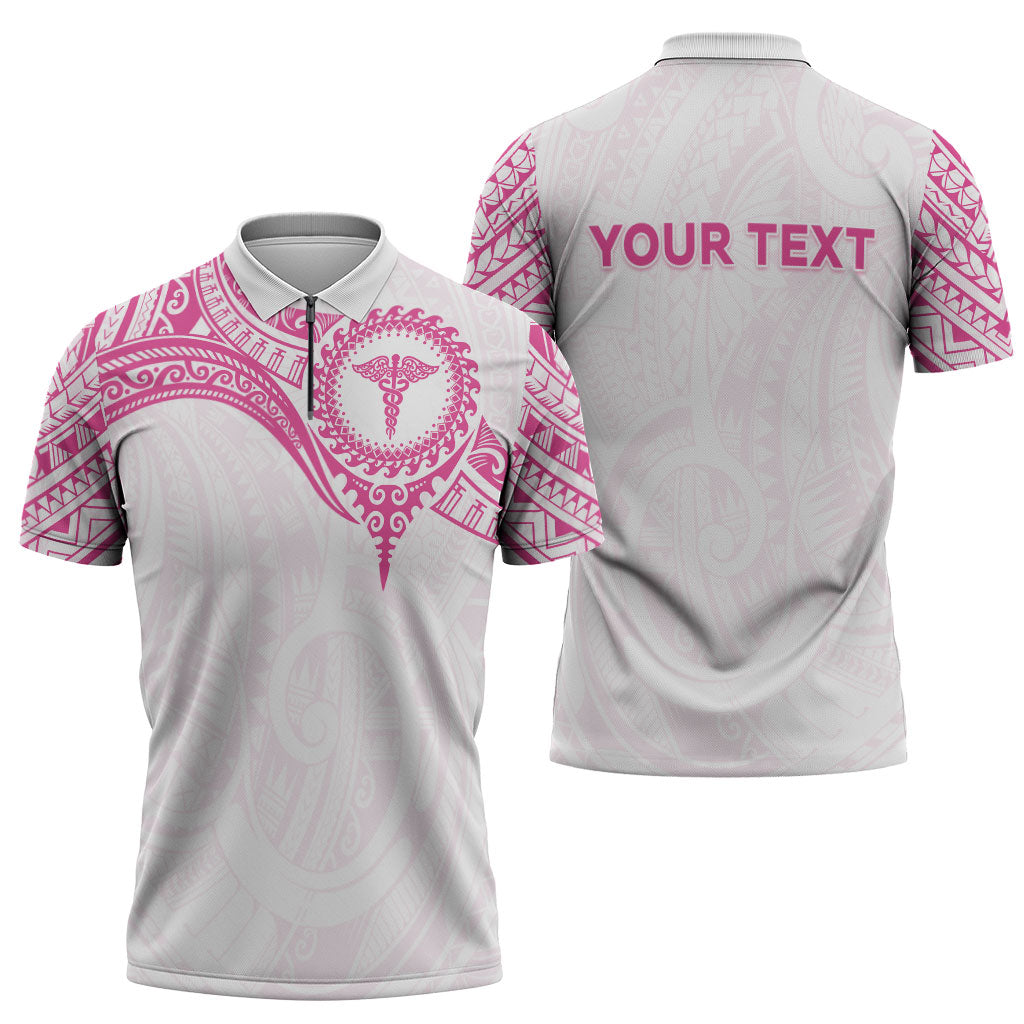 Personalised New Zealand Aotearoa Zipper Polo Shirt Nurse Tribal Pink Version