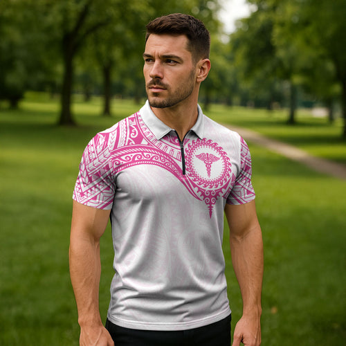 Personalised New Zealand Aotearoa Zipper Polo Shirt Nurse Tribal Pink Version
