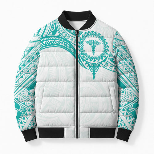 Personalised New Zealand Aotearoa Bomber Puffer Jacket Nurse Tribal Teal Version
