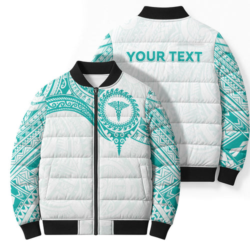 Personalised New Zealand Aotearoa Bomber Puffer Jacket Nurse Tribal Teal Version
