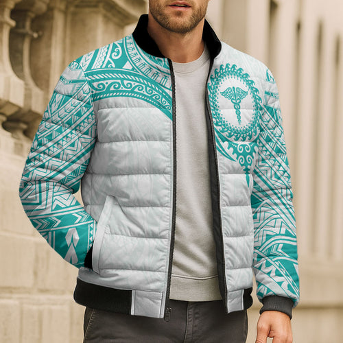 Personalised New Zealand Aotearoa Bomber Puffer Jacket Nurse Tribal Teal Version