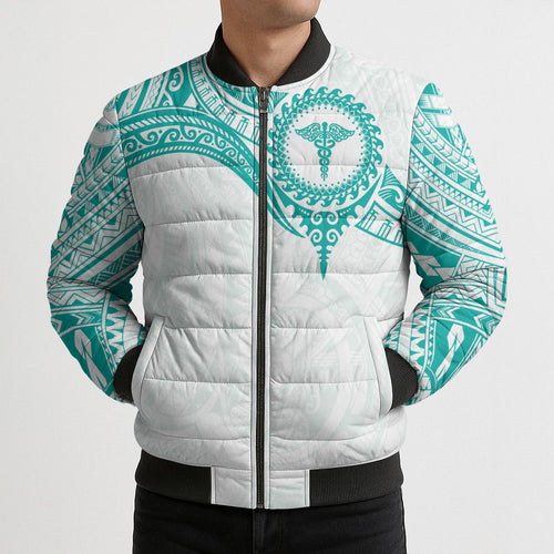 Personalised New Zealand Aotearoa Bomber Puffer Jacket Nurse Tribal Teal Version