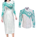 Personalised New Zealand Aotearoa Couples Matching Long Sleeve Bodycon Dress and Long Sleeve Button Shirt Nurse Tribal Teal Version
