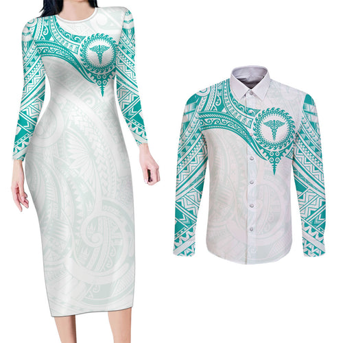 Personalised New Zealand Aotearoa Couples Matching Long Sleeve Bodycon Dress and Long Sleeve Button Shirt Nurse Tribal Teal Version
