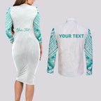 Personalised New Zealand Aotearoa Couples Matching Long Sleeve Bodycon Dress and Long Sleeve Button Shirt Nurse Tribal Teal Version