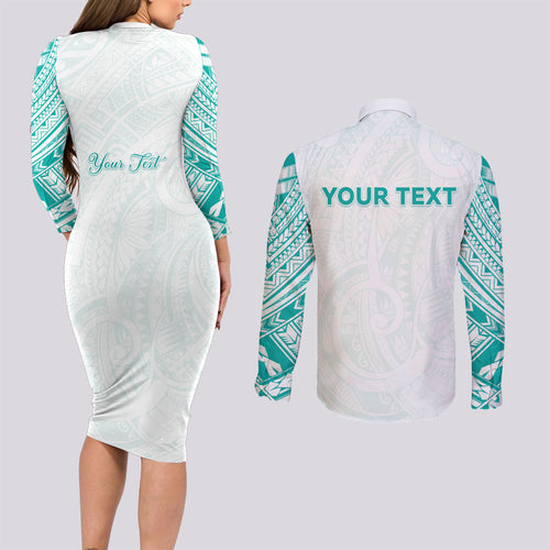 Personalised New Zealand Aotearoa Couples Matching Long Sleeve Bodycon Dress and Long Sleeve Button Shirt Nurse Tribal Teal Version