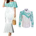 Personalised New Zealand Aotearoa Couples Matching Mermaid Dress and Long Sleeve Button Shirt Nurse Tribal Teal Version
