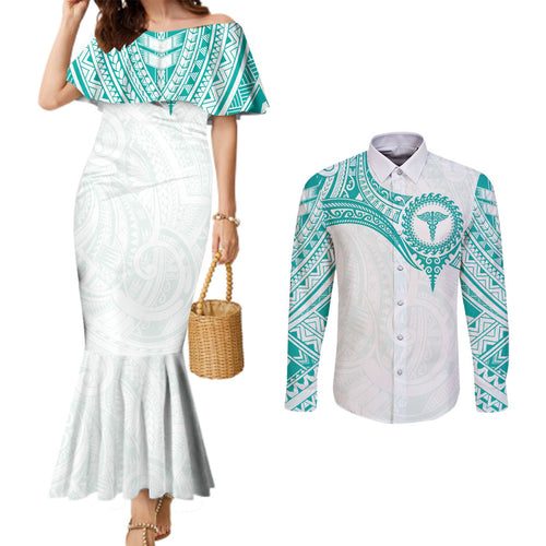 Personalised New Zealand Aotearoa Couples Matching Mermaid Dress and Long Sleeve Button Shirt Nurse Tribal Teal Version