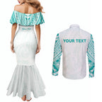 Personalised New Zealand Aotearoa Couples Matching Mermaid Dress and Long Sleeve Button Shirt Nurse Tribal Teal Version