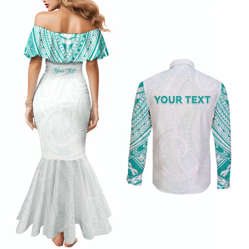 Personalised New Zealand Aotearoa Couples Matching Mermaid Dress and Long Sleeve Button Shirt Nurse Tribal Teal Version