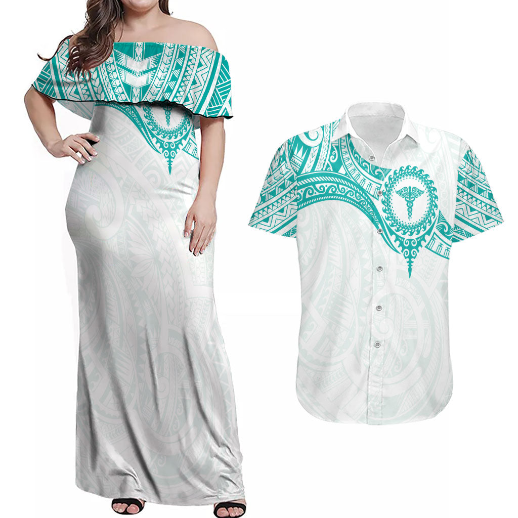 Personalised New Zealand Aotearoa Couples Matching Off Shoulder Maxi Dress and Hawaiian Shirt Nurse Tribal Teal Version