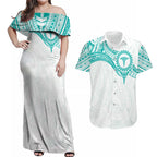 Personalised New Zealand Aotearoa Couples Matching Off Shoulder Maxi Dress and Hawaiian Shirt Nurse Tribal Teal Version