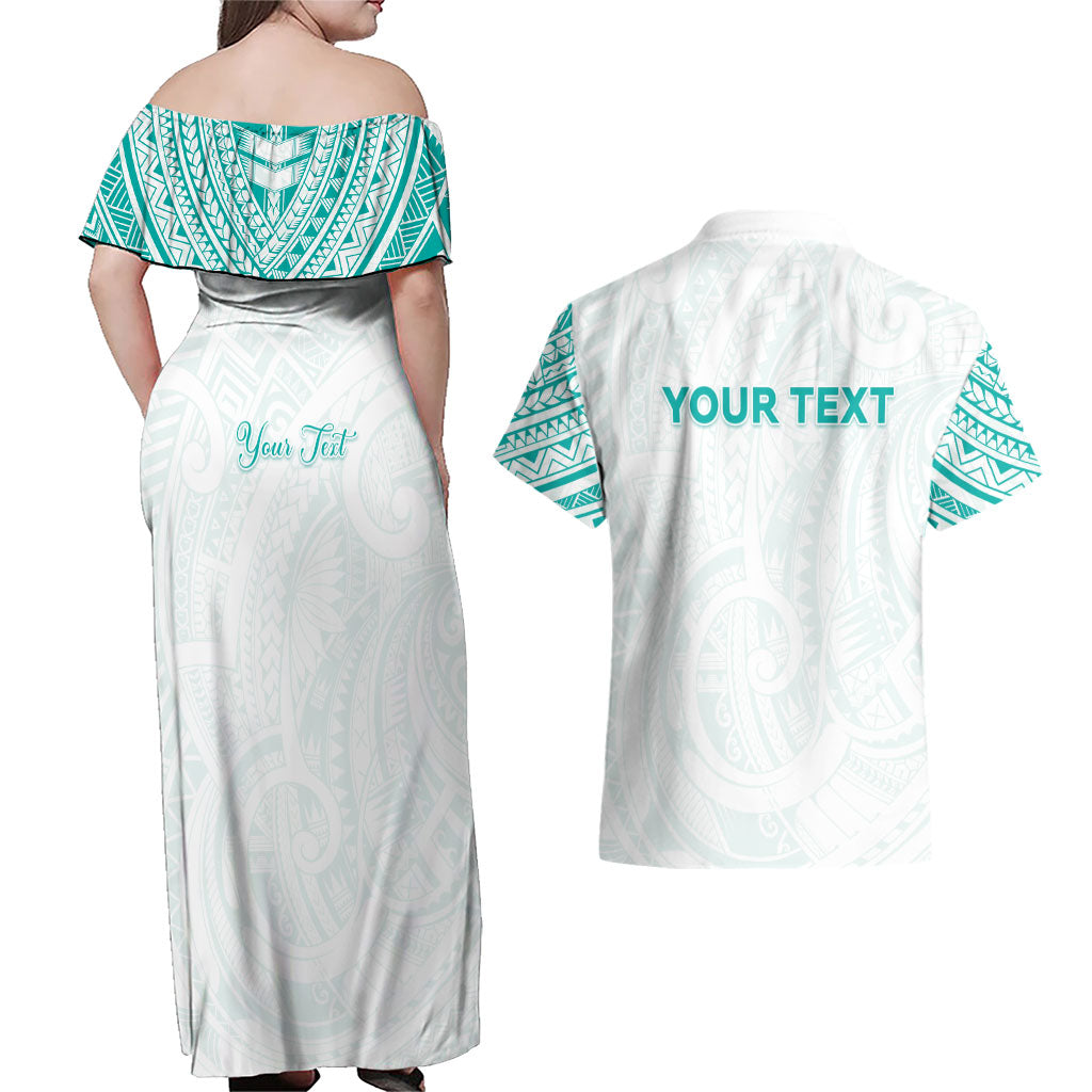 Personalised New Zealand Aotearoa Couples Matching Off Shoulder Maxi Dress and Hawaiian Shirt Nurse Tribal Teal Version