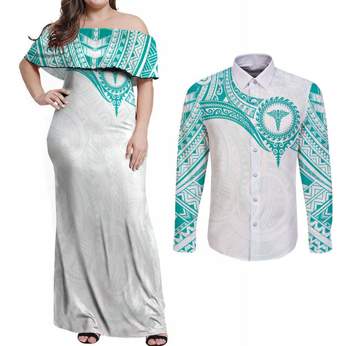 Personalised New Zealand Aotearoa Couples Matching Off Shoulder Maxi Dress and Long Sleeve Button Shirt Nurse Tribal Teal Version