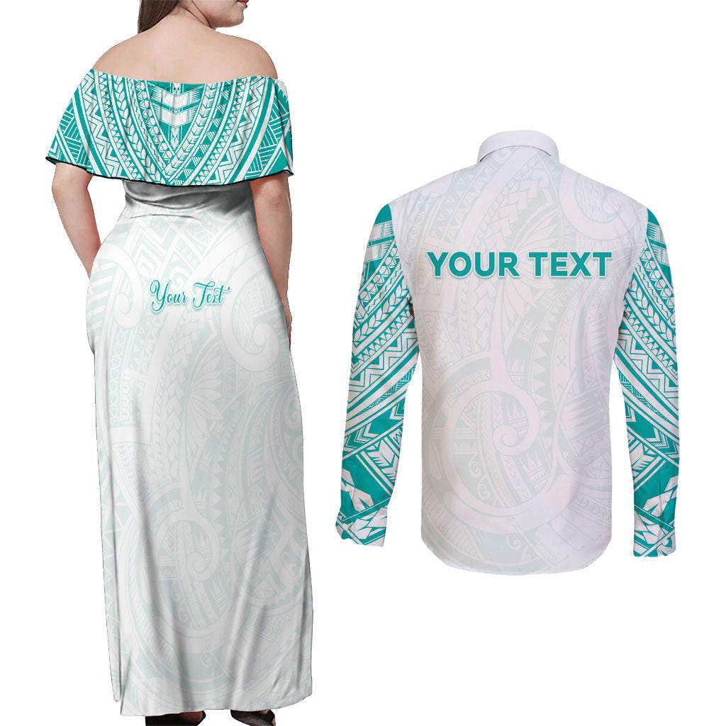 Personalised New Zealand Aotearoa Couples Matching Off Shoulder Maxi Dress and Long Sleeve Button Shirt Nurse Tribal Teal Version