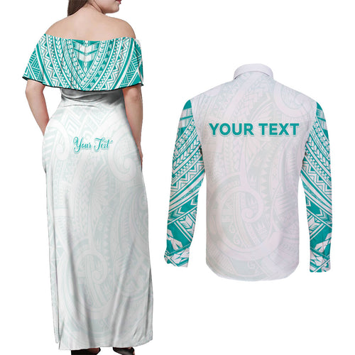 Personalised New Zealand Aotearoa Couples Matching Off Shoulder Maxi Dress and Long Sleeve Button Shirt Nurse Tribal Teal Version