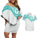 Personalised New Zealand Aotearoa Couples Matching Off Shoulder Short Dress and Hawaiian Shirt Nurse Tribal Teal Version