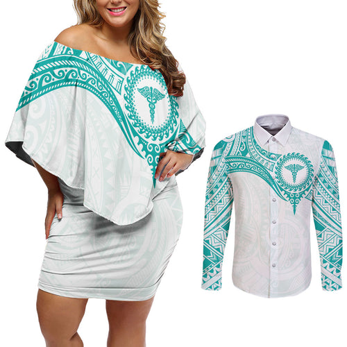 Personalised New Zealand Aotearoa Couples Matching Off Shoulder Short Dress and Long Sleeve Button Shirt Nurse Tribal Teal Version