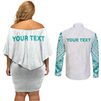 Personalised New Zealand Aotearoa Couples Matching Off Shoulder Short Dress and Long Sleeve Button Shirt Nurse Tribal Teal Version