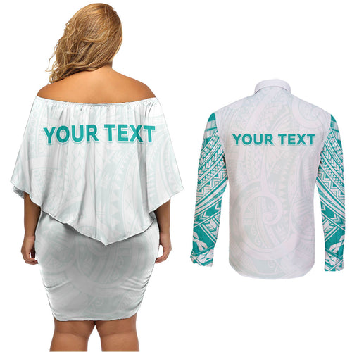 Personalised New Zealand Aotearoa Couples Matching Off Shoulder Short Dress and Long Sleeve Button Shirt Nurse Tribal Teal Version