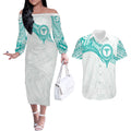 Personalised New Zealand Aotearoa Couples Matching Off The Shoulder Long Sleeve Dress and Hawaiian Shirt Nurse Tribal Teal Version