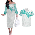 Personalised New Zealand Aotearoa Couples Matching Off The Shoulder Long Sleeve Dress and Hawaiian Shirt Nurse Tribal Teal Version