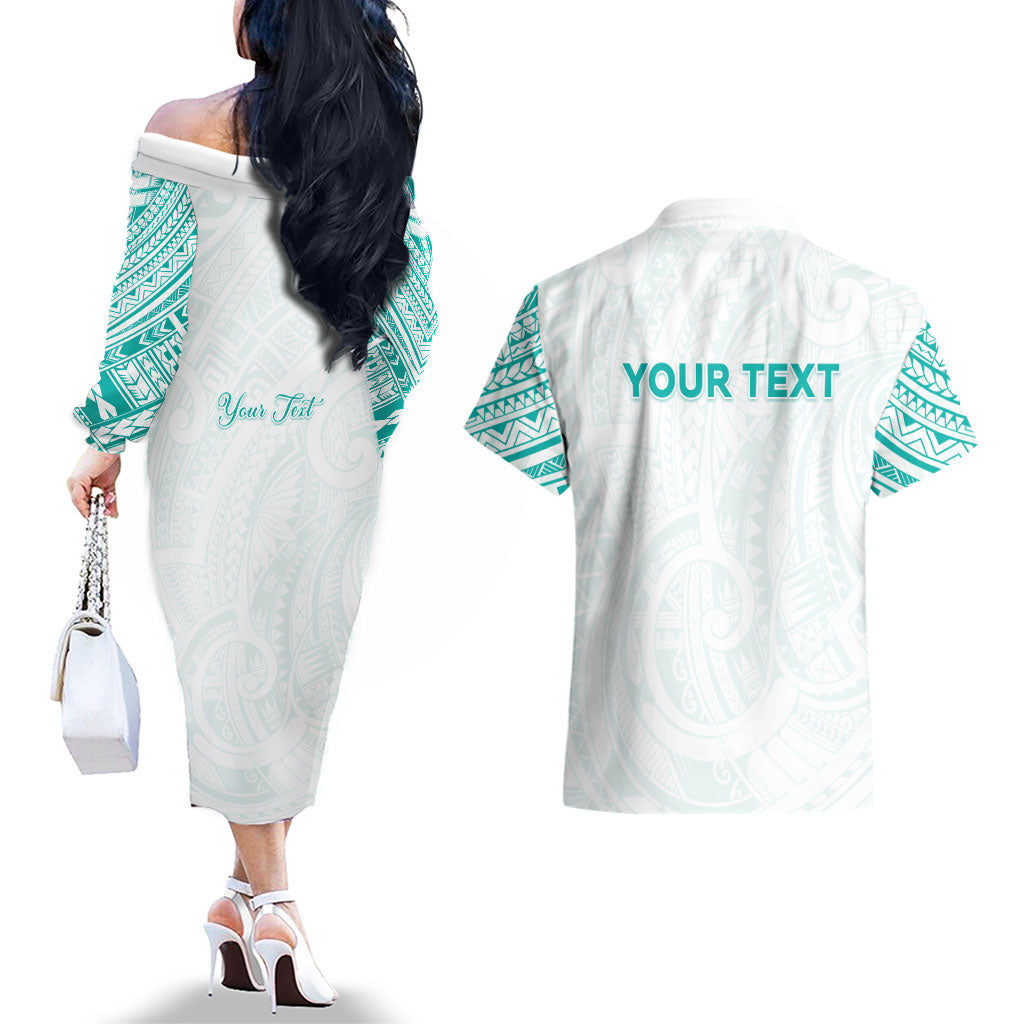 Personalised New Zealand Aotearoa Couples Matching Off The Shoulder Long Sleeve Dress and Hawaiian Shirt Nurse Tribal Teal Version