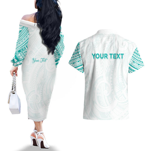 Personalised New Zealand Aotearoa Couples Matching Off The Shoulder Long Sleeve Dress and Hawaiian Shirt Nurse Tribal Teal Version