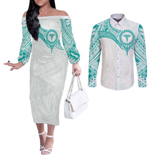 Personalised New Zealand Aotearoa Couples Matching Off The Shoulder Long Sleeve Dress and Long Sleeve Button Shirt Nurse Tribal Teal Version