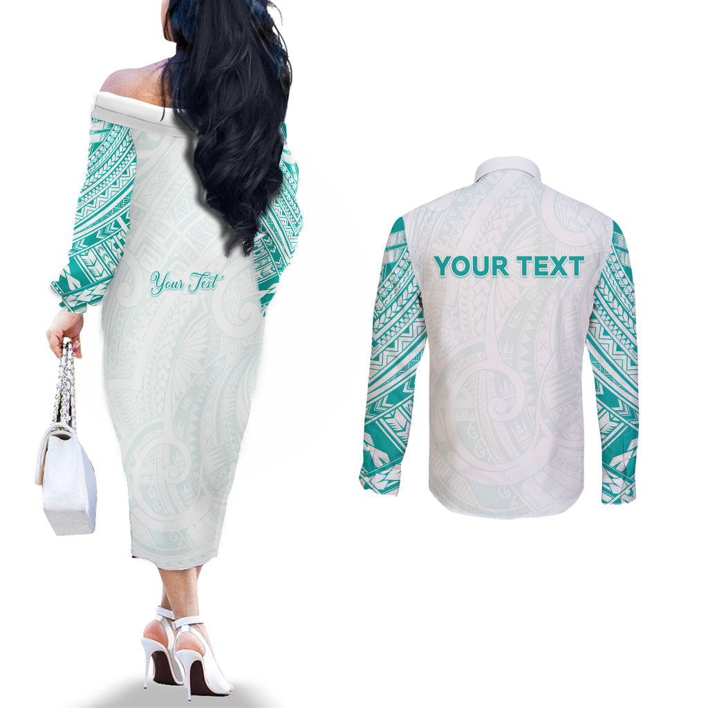 Personalised New Zealand Aotearoa Couples Matching Off The Shoulder Long Sleeve Dress and Long Sleeve Button Shirt Nurse Tribal Teal Version