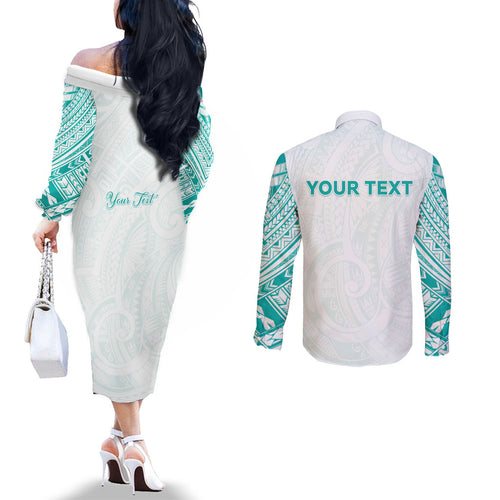 Personalised New Zealand Aotearoa Couples Matching Off The Shoulder Long Sleeve Dress and Long Sleeve Button Shirt Nurse Tribal Teal Version