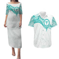 Personalised New Zealand Aotearoa Couples Matching Puletasi and Hawaiian Shirt Nurse Tribal Teal Version