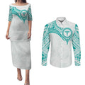 Personalised New Zealand Aotearoa Couples Matching Puletasi and Long Sleeve Button Shirt Nurse Tribal Teal Version