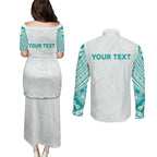 Personalised New Zealand Aotearoa Couples Matching Puletasi and Long Sleeve Button Shirt Nurse Tribal Teal Version