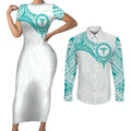 Personalised New Zealand Aotearoa Couples Matching Short Sleeve Bodycon Dress and Long Sleeve Button Shirt Nurse Tribal Teal Version