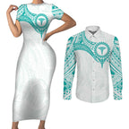 Personalised New Zealand Aotearoa Couples Matching Short Sleeve Bodycon Dress and Long Sleeve Button Shirt Nurse Tribal Teal Version