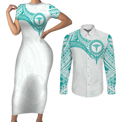 Personalised New Zealand Aotearoa Couples Matching Short Sleeve Bodycon Dress and Long Sleeve Button Shirt Nurse Tribal Teal Version