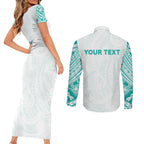 Personalised New Zealand Aotearoa Couples Matching Short Sleeve Bodycon Dress and Long Sleeve Button Shirt Nurse Tribal Teal Version