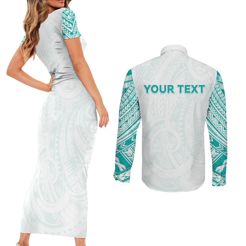 Personalised New Zealand Aotearoa Couples Matching Short Sleeve Bodycon Dress and Long Sleeve Button Shirt Nurse Tribal Teal Version