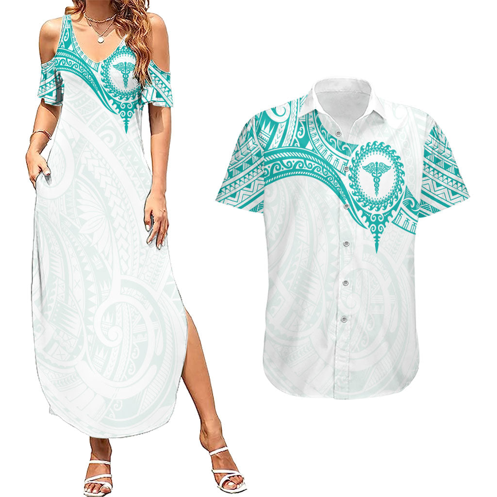 Personalised New Zealand Aotearoa Couples Matching Summer Maxi Dress and Hawaiian Shirt Nurse Tribal Teal Version