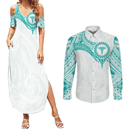 Personalised New Zealand Aotearoa Couples Matching Summer Maxi Dress and Long Sleeve Button Shirt Nurse Tribal Teal Version