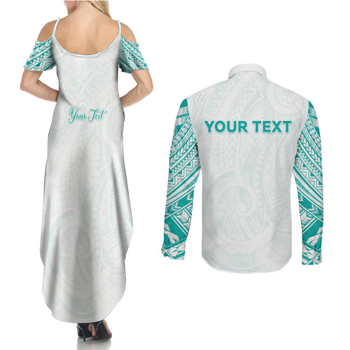 Personalised New Zealand Aotearoa Couples Matching Summer Maxi Dress and Long Sleeve Button Shirt Nurse Tribal Teal Version