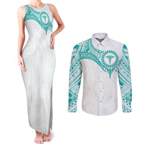 Personalised New Zealand Aotearoa Couples Matching Tank Maxi Dress and Long Sleeve Button Shirt Nurse Tribal Teal Version