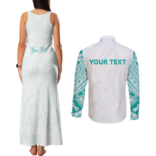 Personalised New Zealand Aotearoa Couples Matching Tank Maxi Dress and Long Sleeve Button Shirt Nurse Tribal Teal Version