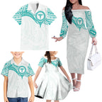 Personalised New Zealand Aotearoa Family Matching Off The Shoulder Long Sleeve Dress and Hawaiian Shirt Nurse Tribal Teal Version